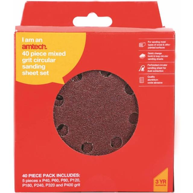 Amtech 40 Piece Mixed Grit Circular Sanding Sheet Set (125mm)