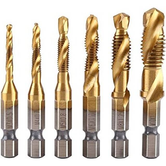 Thread Tap, 6Pcs Tap and Die Set or Metric Thread M3-M10 Titanium Coated HSS Drill and Tap Bits 1/4&quot Hex Shank Fluted Screw Thread Plug Tap Use