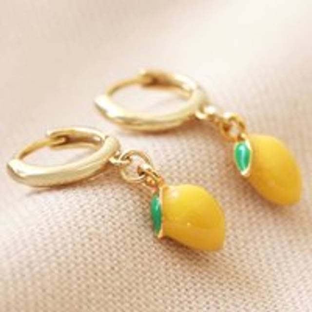 Enamel Lemon Huggie Hoop Earrings in Gold - gold/yellow/green - one size