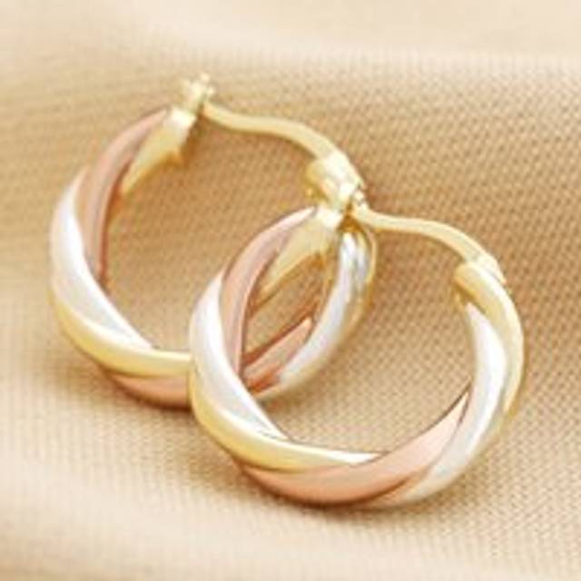 Mixed Metal Twisted Hoop Earrings in Gold - gold/silver/rose gold - one size