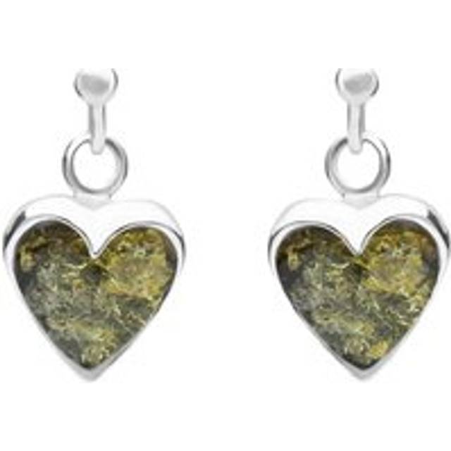 Sterling Silver Green Amber Small Heart Earrings - Silver