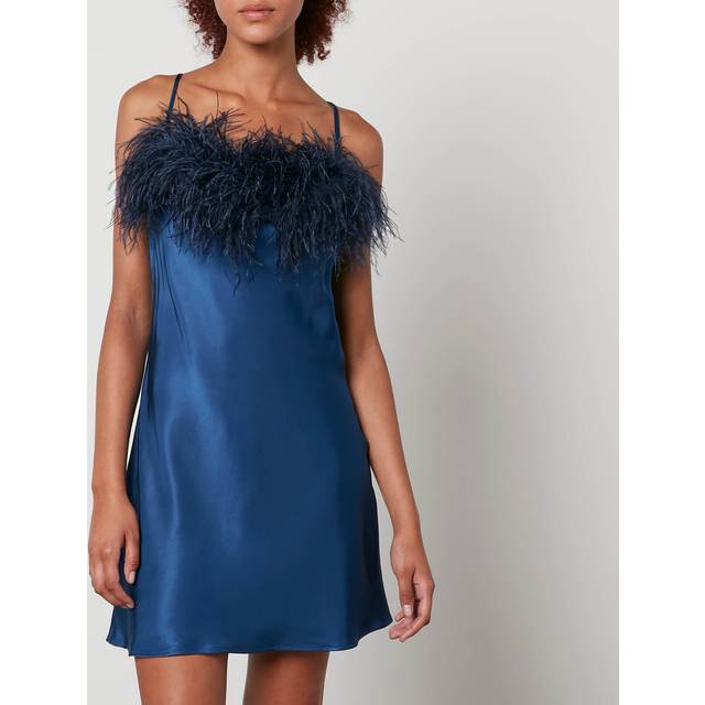 Sleeper Boheme Feather-Trimmed Satin Mini Dress - M - Blue