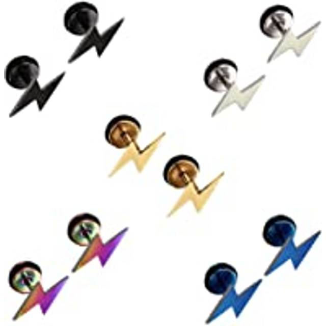 5 Pairs Stainless Steel Stud Earrings Set for Men Women Girl Boy, Men Earrings Gold, Lightning Silver Earrings for women, Titanium Black Earrings