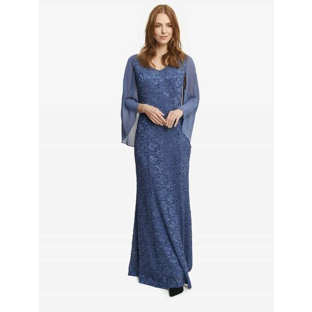Gina Bacconi Womens Liesel Long Sequin Lace V-Neck Gown With Chiffon Capelet - Blue - Size 10 UK