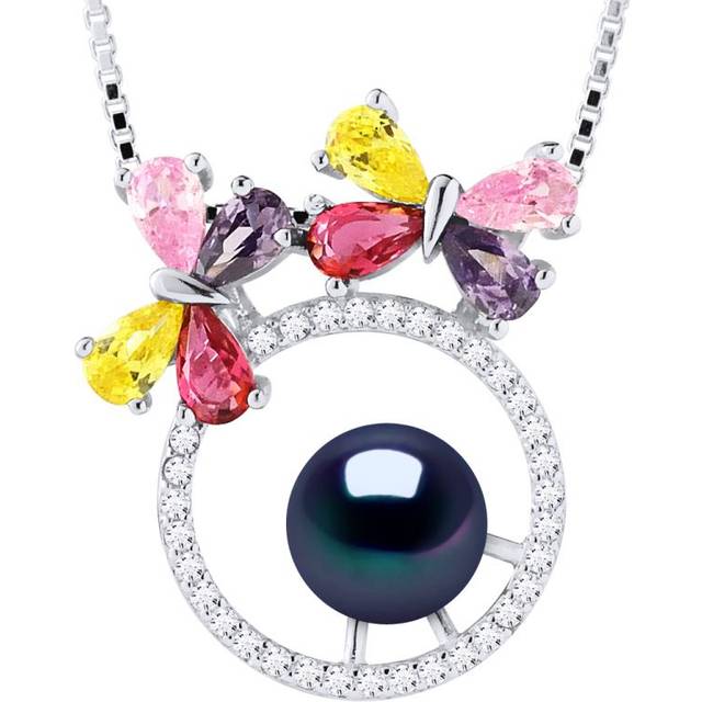 Diadema Womens BUTTERFLY Necklace Freshwater Pearl Round 8-9 mm Black 925 Silver - One Size