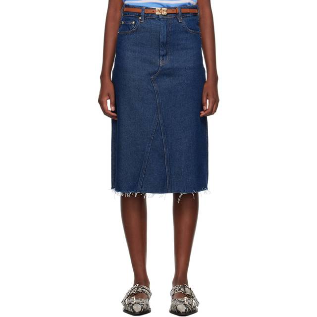 GANNI Indigo Raw Edge Denim Midi Skirt - 077 Rinse - DK 32
