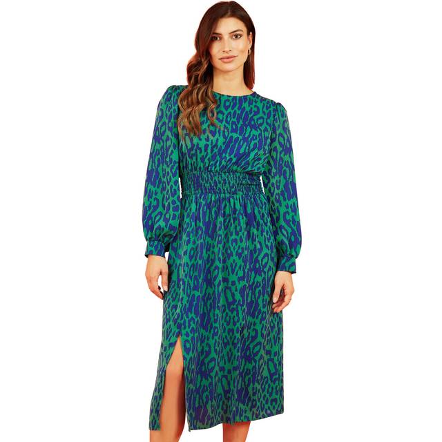 Mela Green Animal Print Long Sleeve Ruched Midi Dress - Size 10 UK - Mela