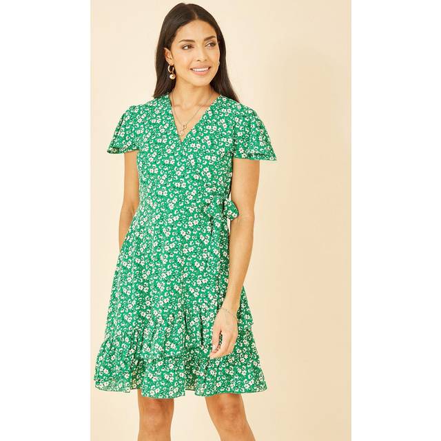 Green Ditsy Floral Wrap Frill Dress - 16