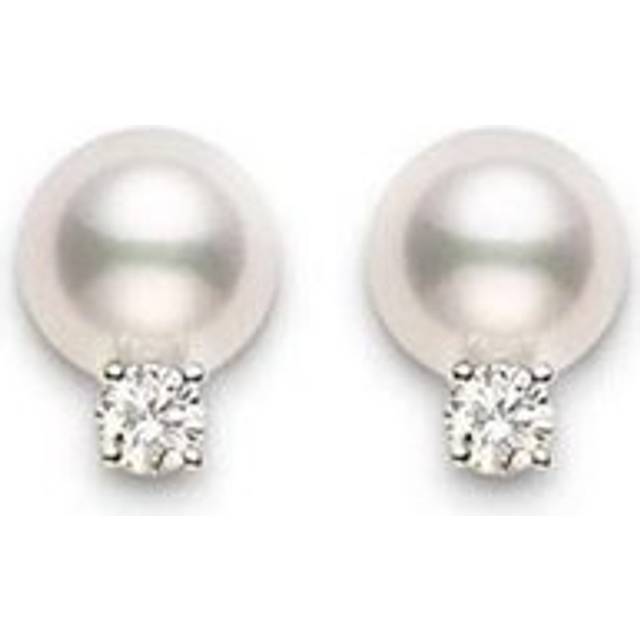 Mikimoto 18ct White Gold Diamond 7mm White AA Akoya Pearl Stud Earrings - White Gold