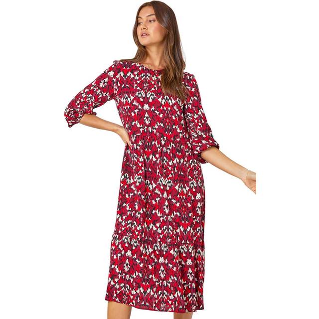 Abstract print tiered smock midi dress for women uk - ladies roman originals