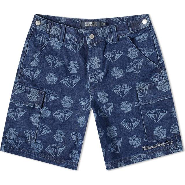 DIAMONDS & DOLLARS PRINTED DENIM SHORTS - INDIGO, 32
