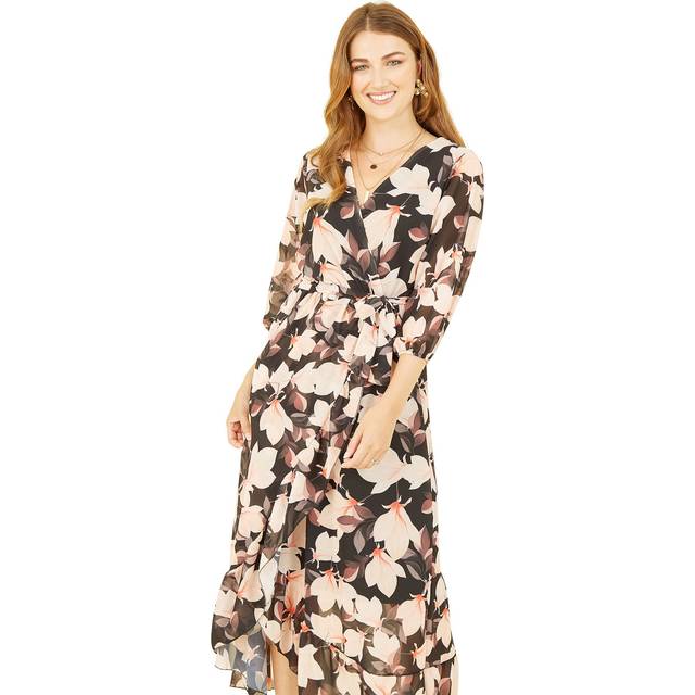 Yumi Black Blossom Wrap Midi Dress With 3/4 Sleeves - Size 8 UK - Yumi