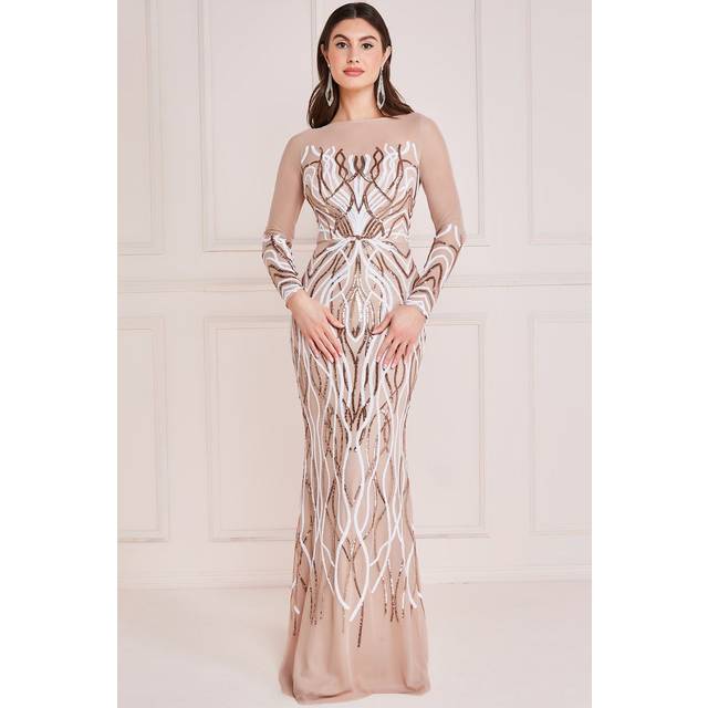 Goddiva Long Sleeve Sequin Flame Maxi - Champagne - 18