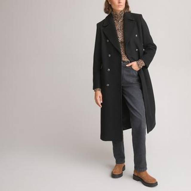 Double-Breasted Pea Coat in Recycled Wool Mix - Black - 14