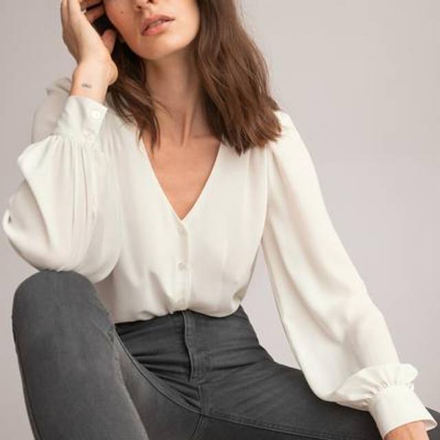 V-Neck Long Sleeve Blouse - Ivory - 14