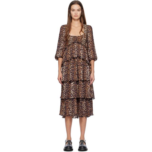Ganni Women&#39;s Leopard Print Midi Dress in Brown | Size 36 | F8830 (36)