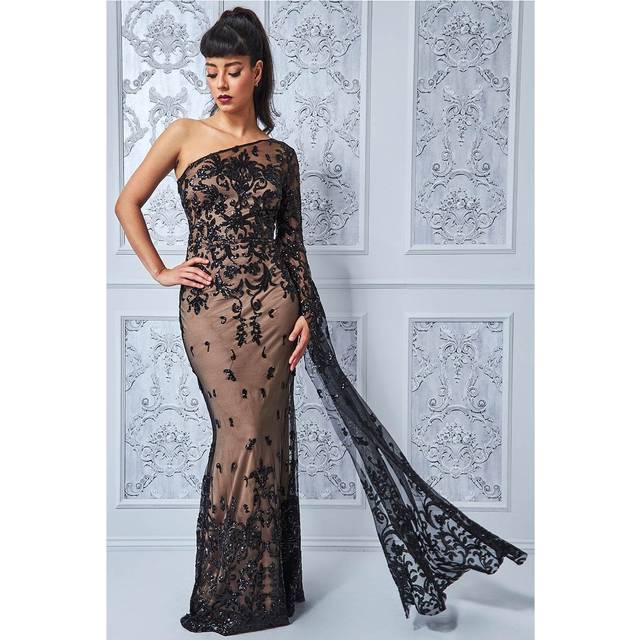Sequin Mesh One Shoulder Evening Maxi Dress - Black by Goddiva - 8