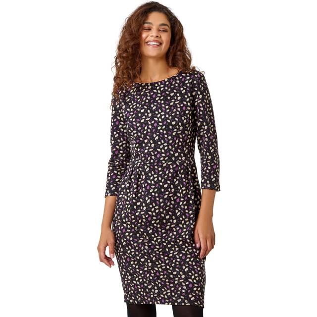 Roman Womens Leaf Print Pleat Detail Shift Dress - Purple - Size 20 UK