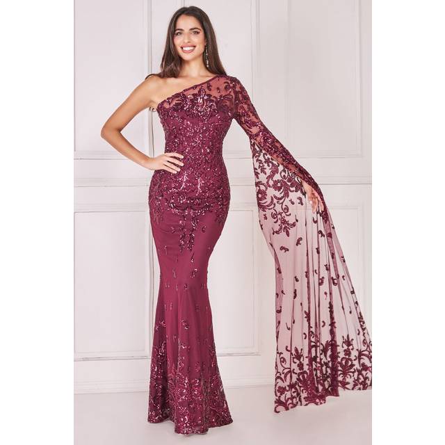 Sequin Mesh One Shoulder Evening Maxi - Burgundy by Goddiva - 18