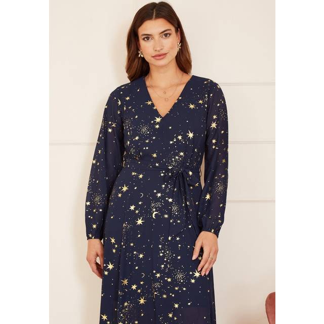 Mela London Womens Navy Foil Star Print Long Sleeve Midi Dress - Size 10 UK