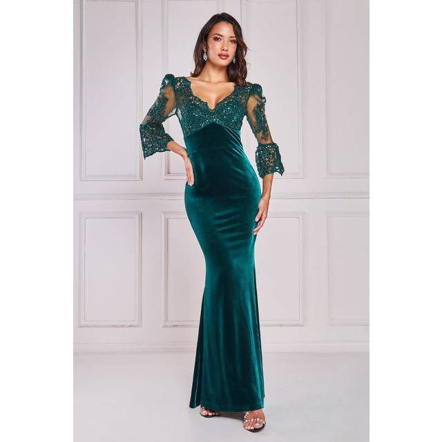 Scalloped Lace & Velvet Maxi Dress - Emerald Green by Goddiva - 12