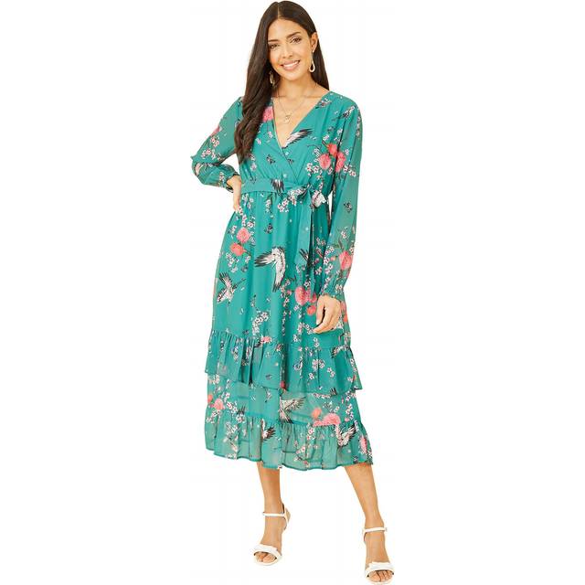 Yumi Green Crane Print Long Sleeve Wrap Midi Dress - Size 10 UK - Yumi