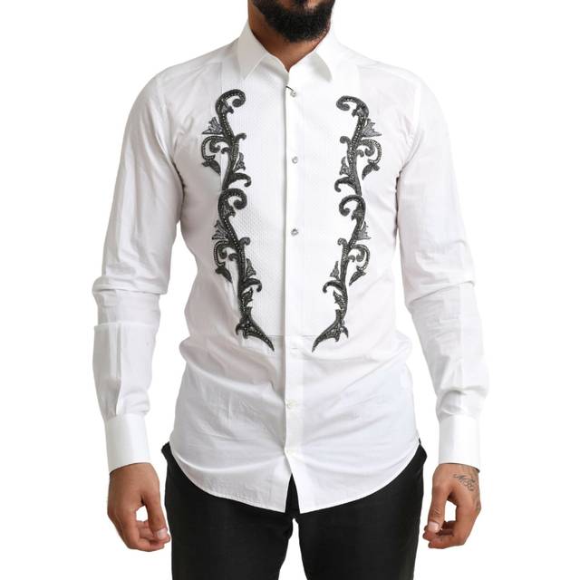 Dolce & Gabbana White Tuxedo Slim Fit Baroque Shirt - IT38 | XS