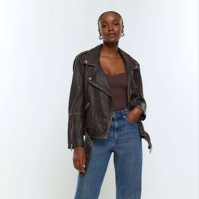 River Island Womens Brown Leather Oversized Biker Jacket - 18