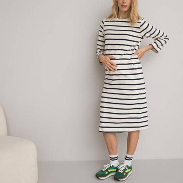 Breton Striped Maternity Dress in Cotton - blue/beige striped - 8