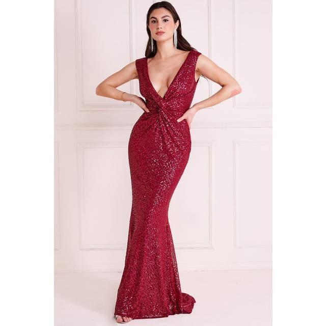 Twisted Front Sequin Maxi - Burgundy by Goddiva - 8