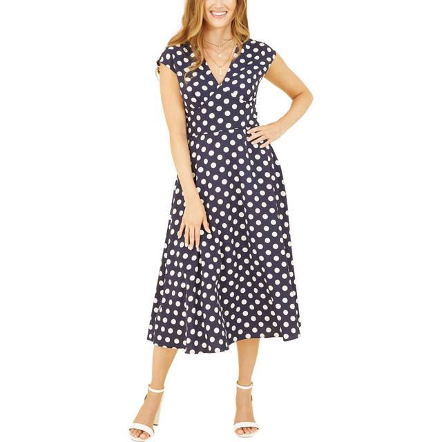 Yumi Navy Spot Print Kimono Sleeve Midi Dress - Size 10 UK - Yumi