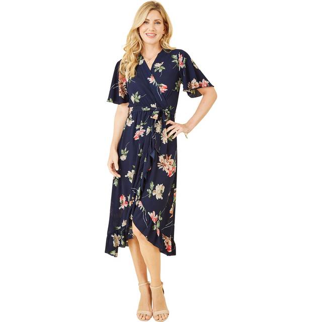Mela Navy Floral Dip Hem Wrap Midi Dress - Size 8 UK - Yumi