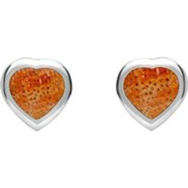 Sterling Silver Red Apple Coral Small Heart Stud Earrings - Silver