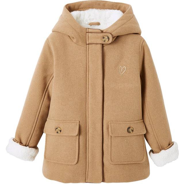 Woollen Coat with Hood & Sherpa Lining for Girls beige medium solid with decor - BEIGE MEDIUM SOLID WITH DECOR