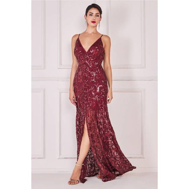 Iridescent Sequin Maxi With Front Split - Burgundy by Goddiva - 8