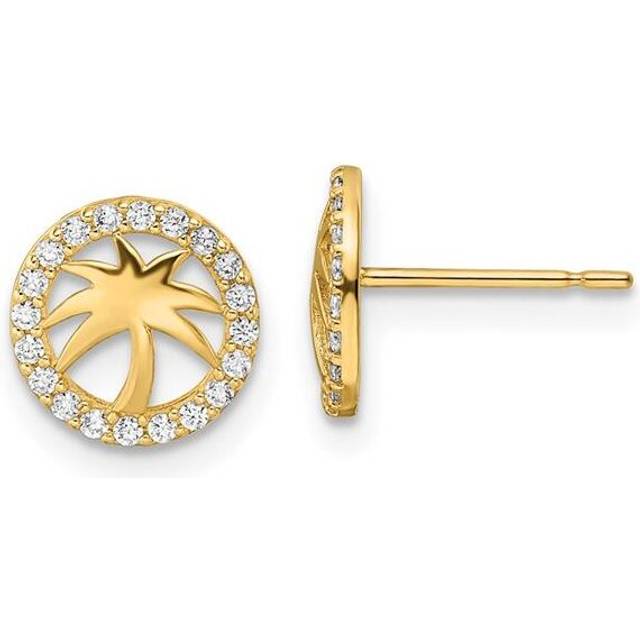 14K Yellow Gold CZ Palm Tree Post Earrings