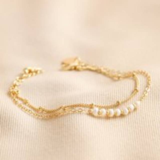 Freshwater Seed Pearl Double Chain Bracelet in Gold - gold/white - one size