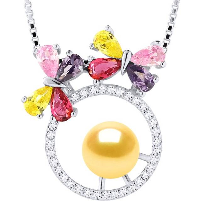 Diadema Womens BUTTERFLY Necklace Freshwater Pearl Round 8-9 mm Gold 925 Silver - One Size