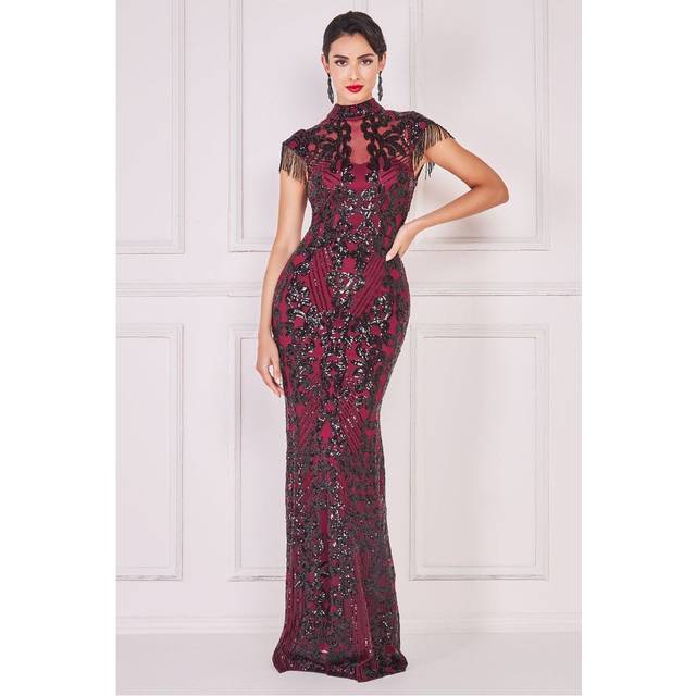Embroidered Sequin Beaded Cap Sleeve Maxi - Burgundy by Goddiva - 14