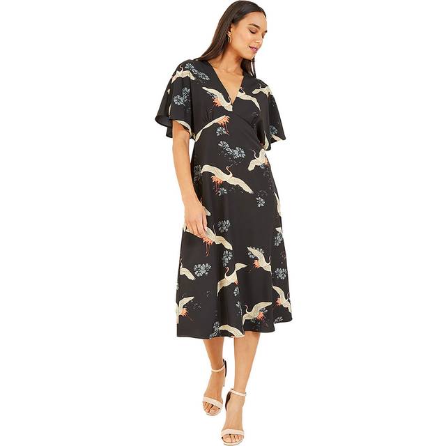 Yumi Black Crane Print Kimono Midi Dress - 14