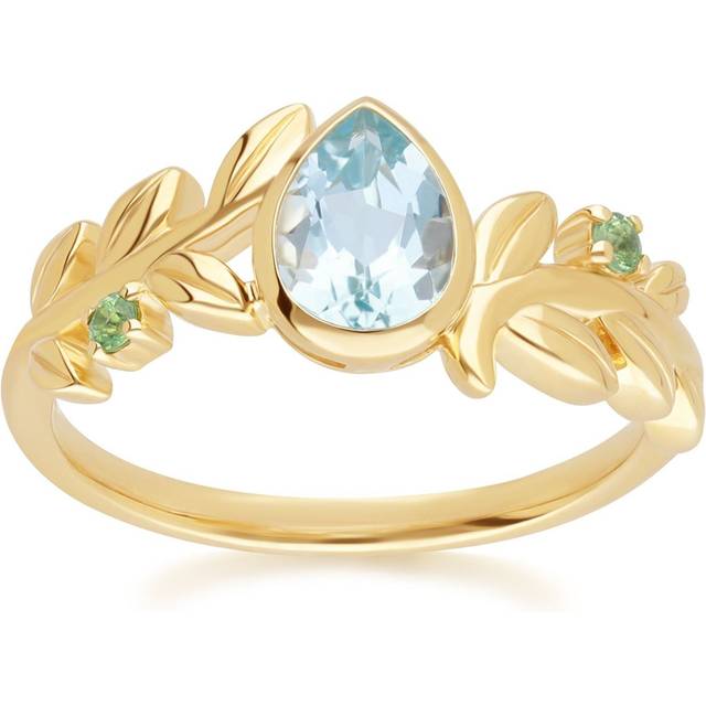 O Leaf Sky Blue topaz & Tsavorite Ring In 9ct Yellow Gold