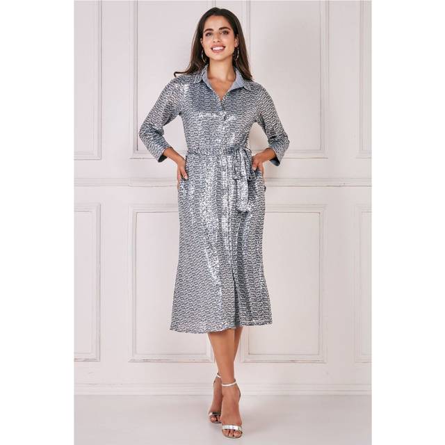 Sequin Skater Shirt Dress - Silver by Goddiva - 12
