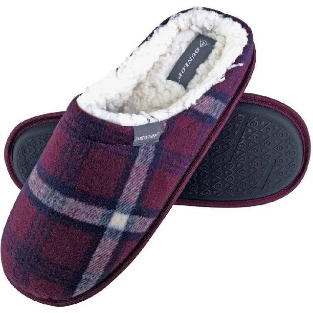 Dunlop Mens Warm Plush Fleece Lined Slip On Mule Checked Plaid House Slippers - Red - Size 7 (UK Shoe)