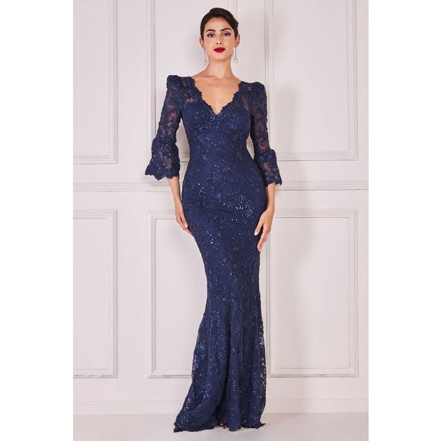 Goddiva Scalloped Lace Maxi Dress - Navy - 18