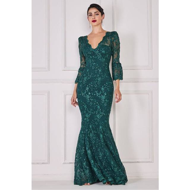 Goddiva Scalloped Lace Maxi Dress - Emerald Green - 16