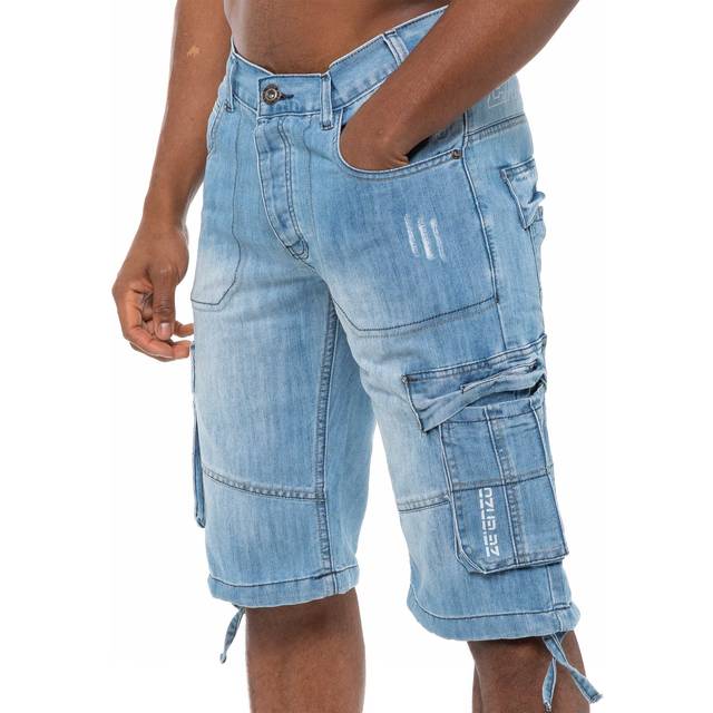 Enzo Mens Cargo Combat Denim Shorts - Dark Grey Cotton - Size 28 (Waist)