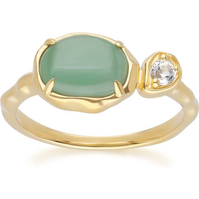 Irregular Oval Dyed Green Jade & Topaz Ring In 18ct Gold Plated SterlIng Silver