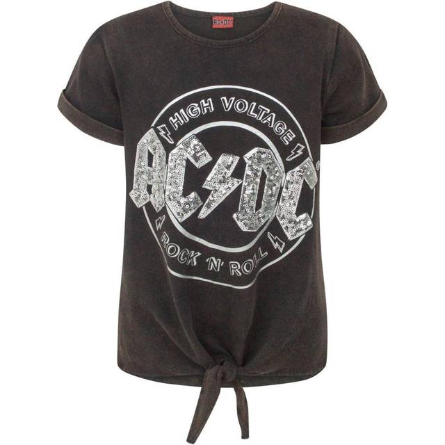 (9-10 Years, Grey) AC/DC Girls High Voltage Front Tie Short-Sleeved T-Shirt