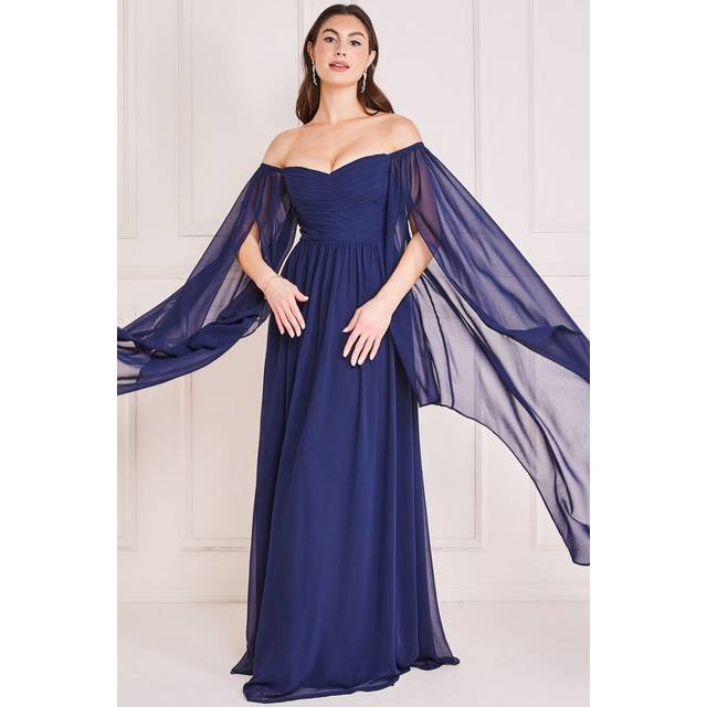 Chiffon Off The Shoulder Maxi With Cape Sleeves - Navy by Goddiva - 14