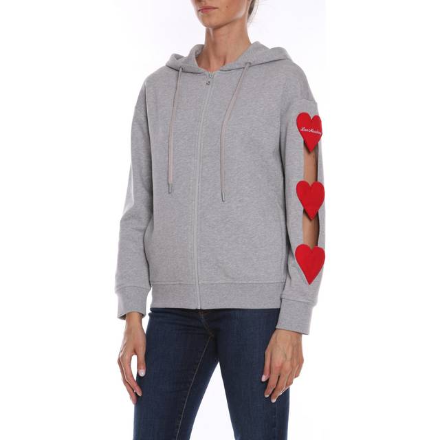 Womens Hooded Cotton Sweatshirt with Embroidered Hearts - Grey - 12